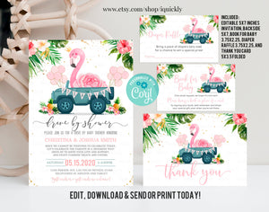 Editable Drive By Baby Shower Invitation Set Editable Flamingo baby shower invites Pack Bundle Book for baby Diaper raffle Template download