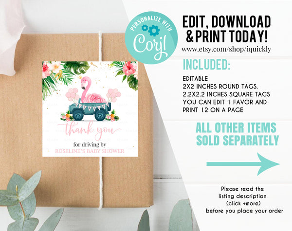 Editable Drive by Baby Shower Favor Tag Flamingo Drive Through Gift Tag Drive-By Baby shower Thank you tags Parade Instant Download
