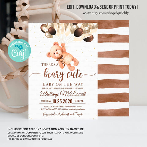 Editable Teddy Bear Baby Shower Invitation Bear Themed Baby Shower Invite Bear with Balloons Invitations Printable template digital download