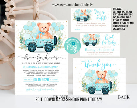 Editable Drive By Baby Shower Invitation SET Teddy Bear Drive Through Bundle Baby Shower Invite Social Distancing Drive Thru Shower Download