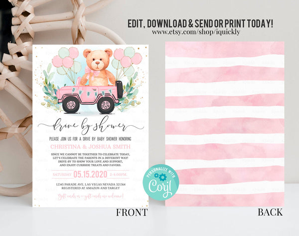 Editable Drive By Baby Shower Invitation SET Teddy Bear Drive Through Baby Shower Invite Social Distancing Drive Thru Shower Download