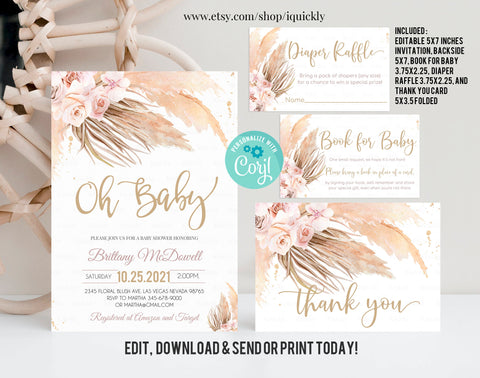 Editable Pampas Grass Baby Shower Invitation Set, Bohemian Baby Shower, Boho Invites, Book for Baby, Diaper Raffle Printable Template