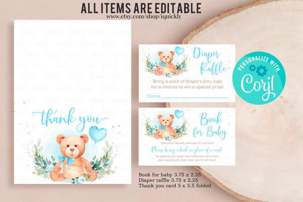 Editable Teddy Bear Baby Shower Invitation Set Bear Themed Invite Bundle, Printable Bear Balloons Invitations Package Pack template download
