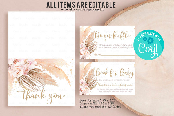 Editable Pampas Grass Baby Shower Invitation Set, Bohemian Baby Shower, Boho Invites, Book for Baby, Diaper Printable Template download