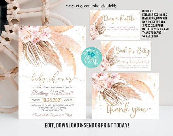 Editable Pampas Grass Baby Shower Invitation Set, Bohemian Baby Shower, Boho Invites, Book for Baby, Diaper Printable Template download