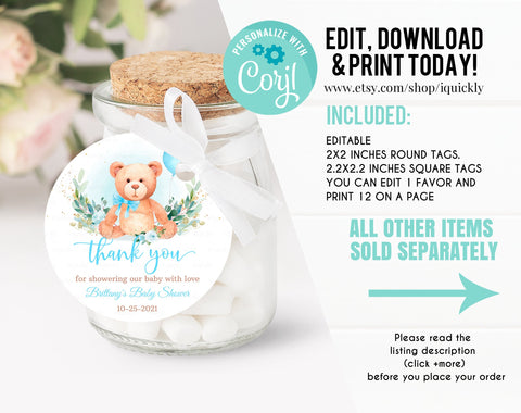 Editable Teddy Bear Baby Shower Favors Bear Baby Shower Thank you tags Printable Bear Balloons Gift tags Favor tag template digital download