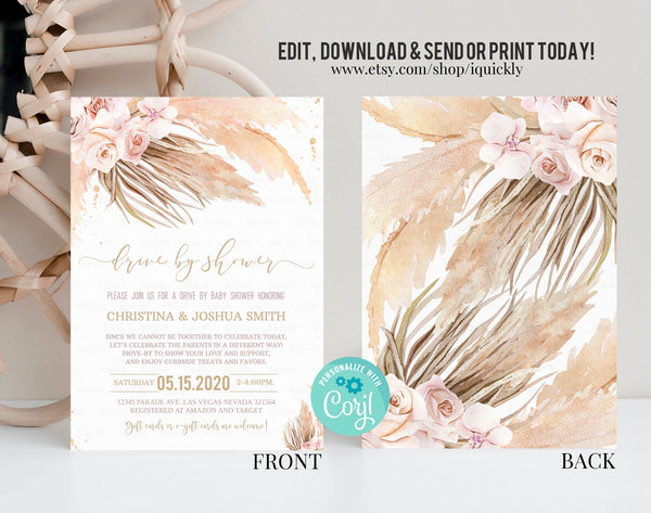 Editable Drive By Pampas Grass Baby Shower Invitation Bohemian Drive By Baby Shower Boho Tropical Desert Baby Shower Instant Download