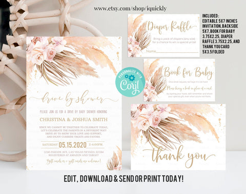Editable Drive By Pampas Grass Baby Shower Invitation Set Bohemian Drive By Baby Shower Boho Tropical Desert Baby Shower Instant Download