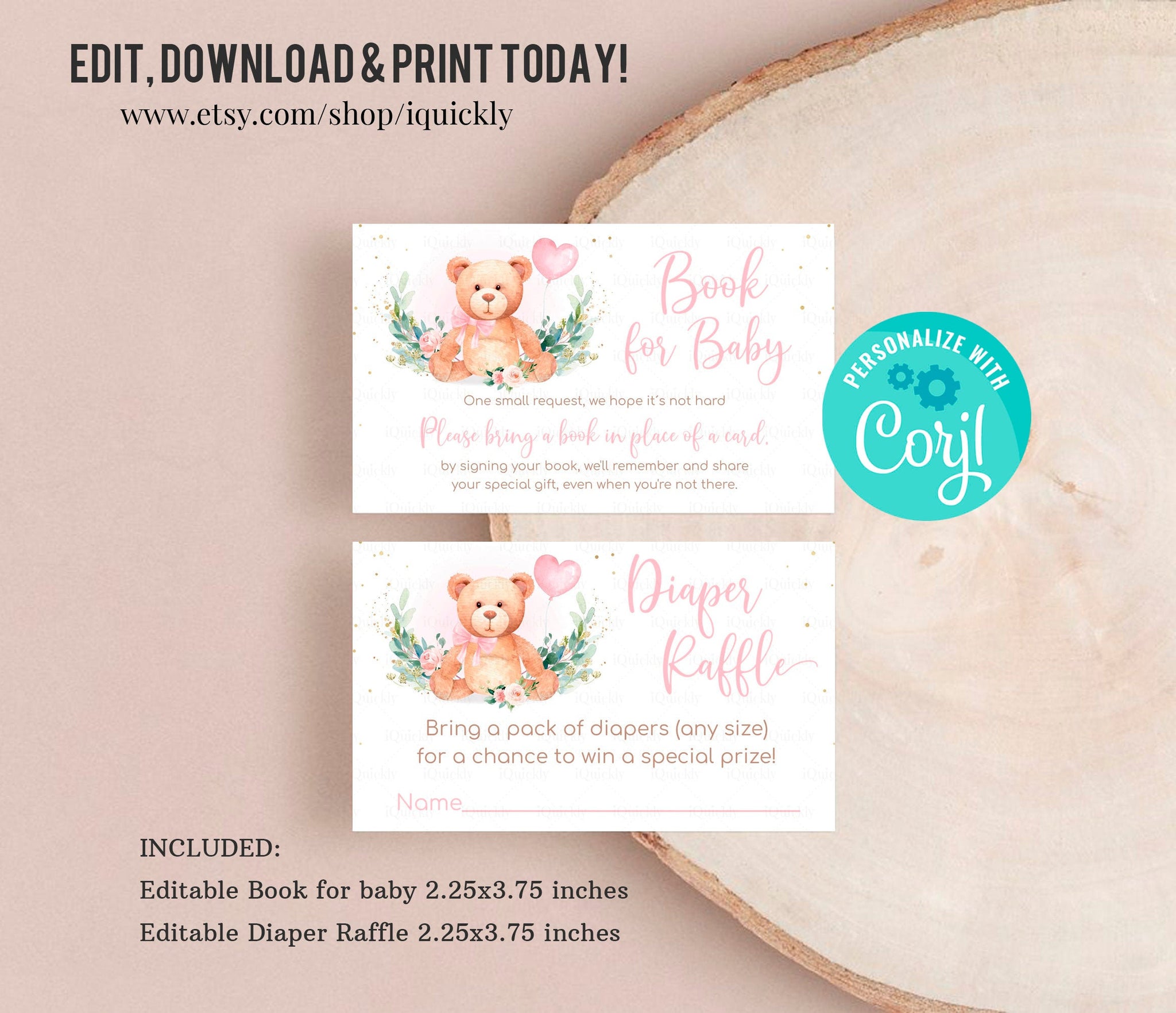 Editable Teddy bear Baby Shower Diaper Raffle, Book for Baby Girl Bear themed Bring a book, Digital Insert, Woodland Theme Printable Instant download
