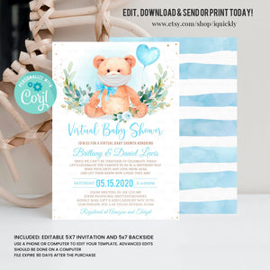 Editable Teddy Bear Virtual Baby Shower Invitation Boy Distance Baby shower Invite Bear Quarantine Printable template digital download