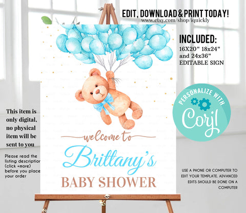 Editable Teddy Bear Baby Shower Welcome Sign, Bear Themed Baby Shower Welcome Sign, Printable Baby Shower Party Sign, Yard sign Download