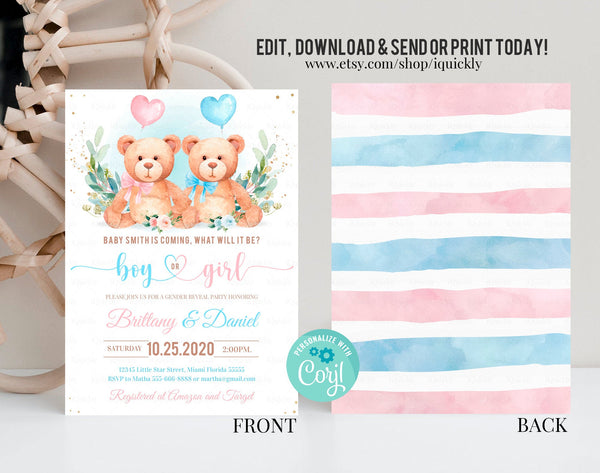 Editable Teddy Bear Baby Shower Invitation Bear Gender reveal Invite Bear Balloons Invitations Boy Girl Printable template digital download
