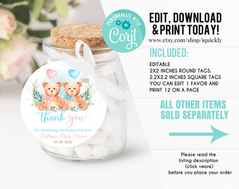 Editable Teddy Bear Baby Shower Favors Bear Baby Shower Thank you tags Printable Bear Balloons Gift tags Favor tag template digital download