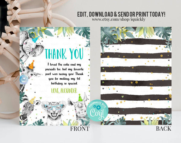 Editable Thank You Card Safari Animals Wild One Two Wild Thank You Note Boy Green Gold Jungle Zoo Party Animals Corjl Template Digital