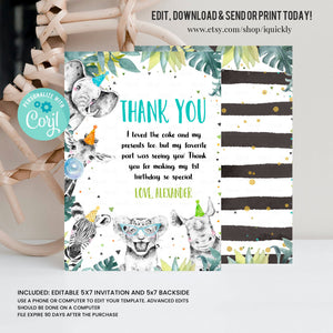 Editable Thank You Card Safari Animals Wild One Two Wild Thank You Note Boy Green Gold Jungle Zoo Party Animals Corjl Template Digital