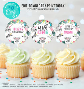 Editable Party Animals Cupcake Toppers Favor Tags Birthday Party Decoration Safari Animals Zoo Girl Birthday Wild One download Digital