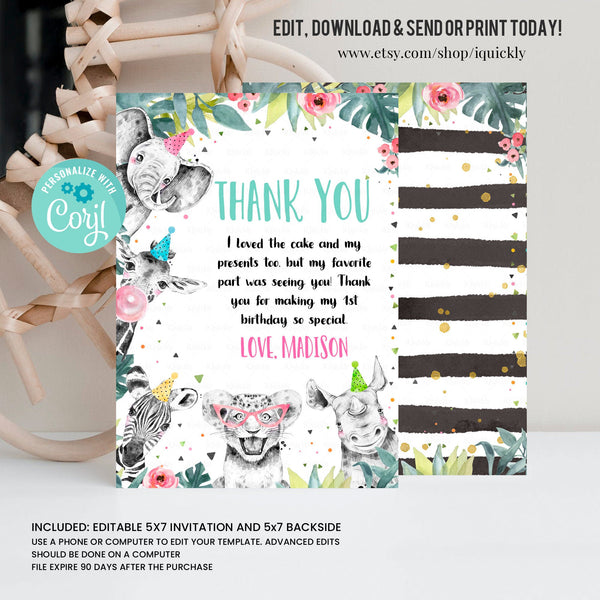 Editable Thank You Card Safari Animals Wild One Two Wild Thank You Note Girl Green Gold Jungle Zoo Party Animals Corjl Template Digital