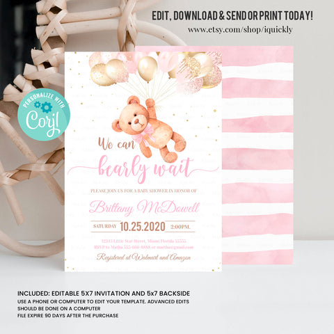 Editable Teddy Bear Baby Shower Invitation Bear Themed Baby Shower Invite Bear with Balloons Invitations Printable template digital download