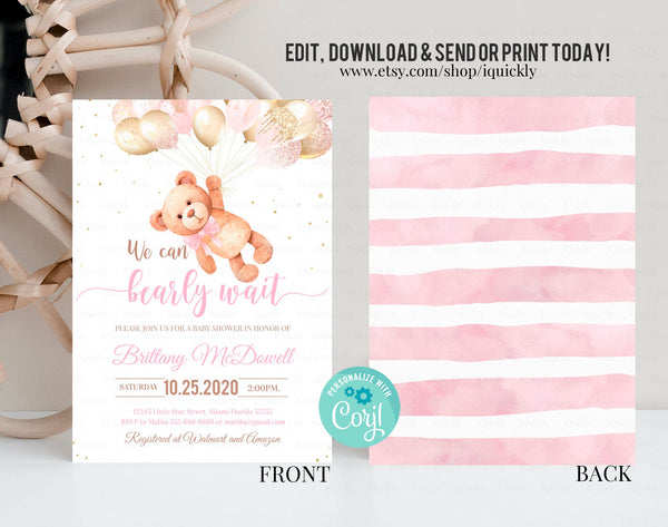 Editable Teddy Bear Baby Shower Invitation Set Bear Themed Invite Bundle Printable Bear Balloons Invitations Package, Pack template download
