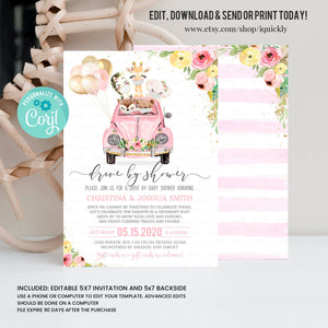 Editable Safari Drive By Baby Shower Invitation Pink Gold Jungle Baby Shower Drive Through Girl Social Distancing Shower Instant Download