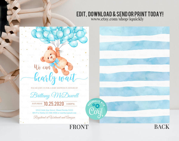 Editable Teddy Bear Baby Shower Invitation Bear Themed Baby Shower Invite Printable Bear with Balloons Invitations template digital download