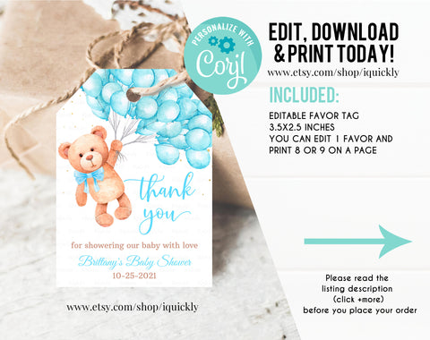 Editable Teddy Bear Baby Shower Favors Bear Baby Shower Thank you tags Printable Bear Balloons Gift tags Favor tag template digital download