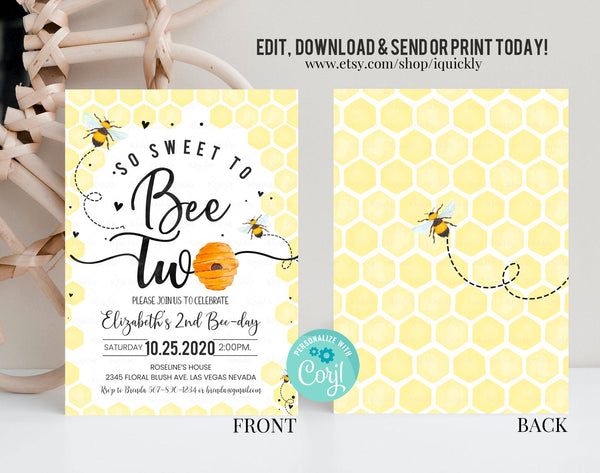 Editable Bee Birthday Invitation Honey Bee Birthday Party Bee 2nd Birthday So Sweet To Bee One Party Bee-Day 2nd Birthday Instant download