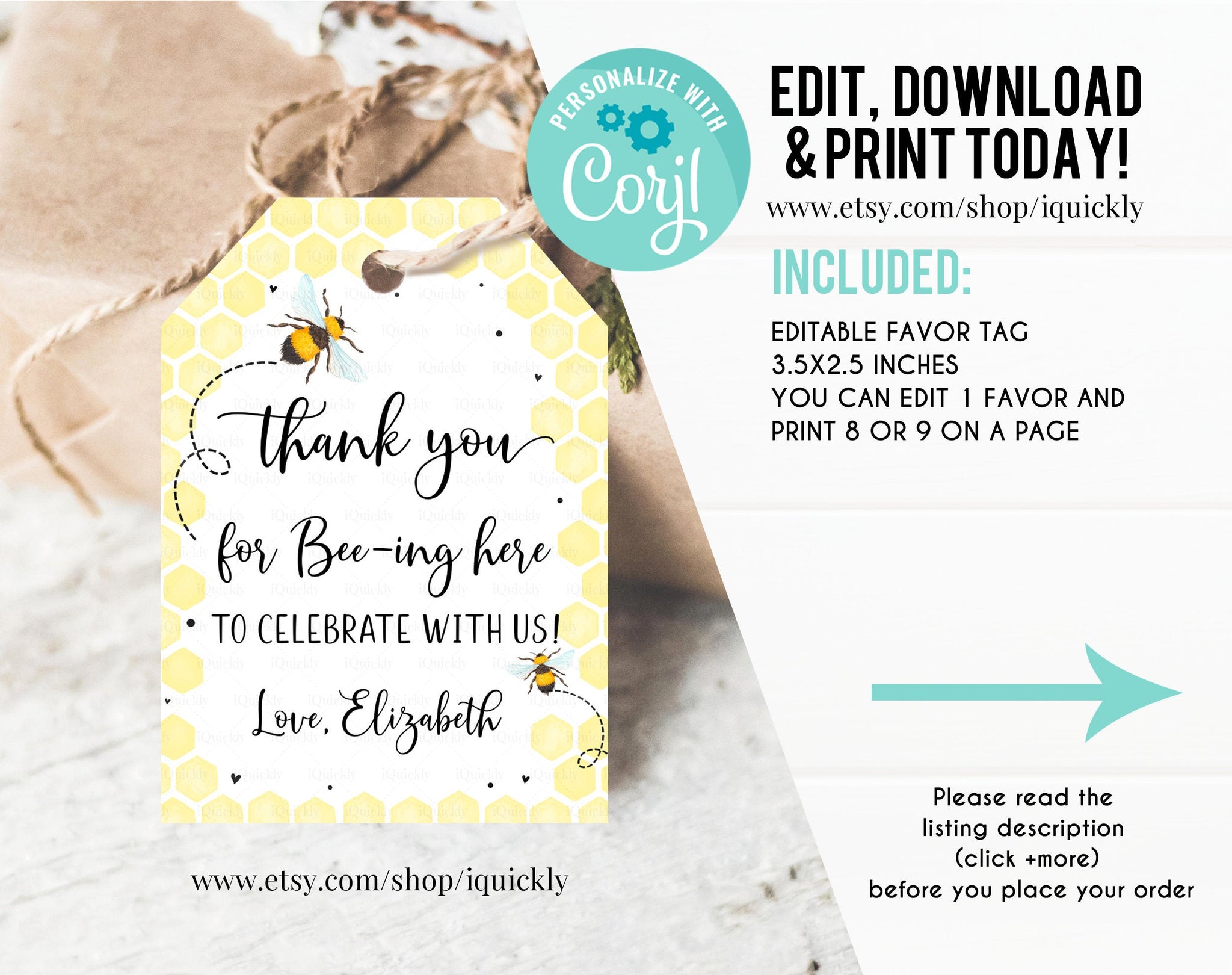Editable Bee Favor tags, Honey Bee Thank you tags, Gift tags Bumble Bee theme Sweet to be one Party Printable Template Instant download