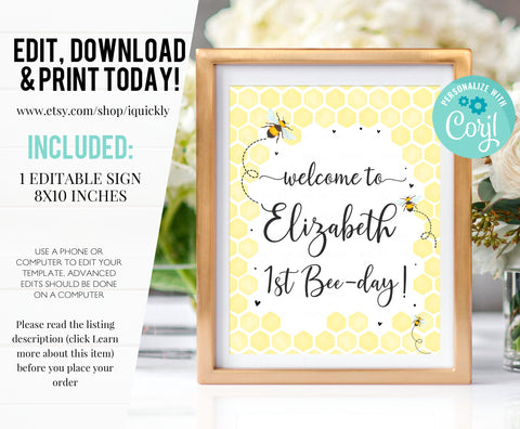 EDITABLE Bee Birthday Party Welcome sign Our Little Honey Bee Printable 1st Birthday Decorations Template Girl One Instant download