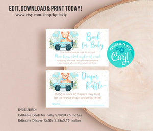 Editable Drive by Teddy bear Baby Shower Diaper Raffle, Book for Baby Boy Bear themed Bring a book Digital Insert Printable Instant download