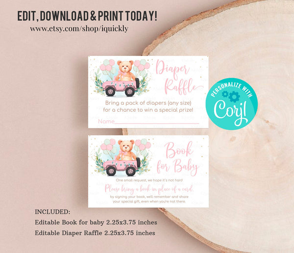 Editable Drive by Teddy bear Baby Shower Diaper Raffle Book for Baby Boy Bear themed Bring a bookDigital InsertPrintable Instant download