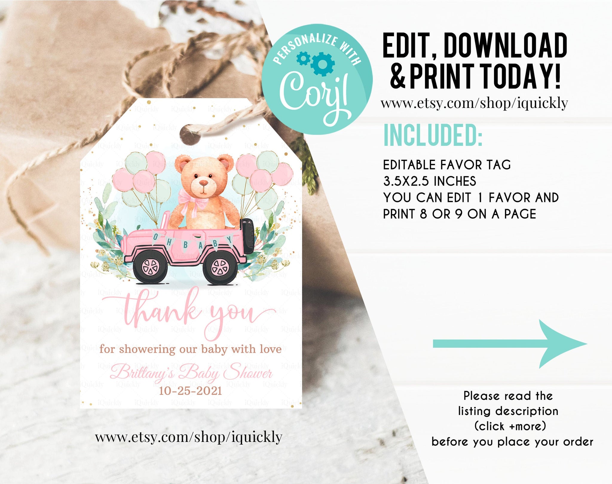 Editable Drive by Baby Shower Favor Tag Teddy Bear Drive Through Gift Tag Drive-By Baby shower Thank you tags Parade Instant Download