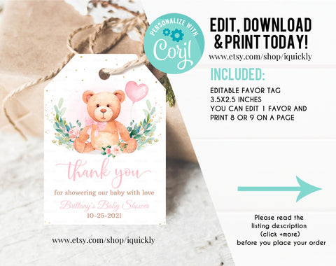 Editable Teddy Bear Baby Shower Favors Bear Baby Shower Thank you tags Printable Bear Balloons Gift tags Favor tag template digital download