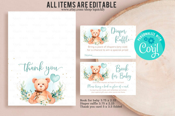 Editable Teddy Bear Baby Shower Invitation Set Bear Themed Invite Bundle, Printable Bear Balloons Invitations Package Pack template download