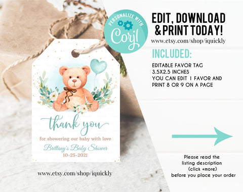 Editable Teddy Bear Baby Shower Favors Bear Baby Shower Thank you tags Printable Bear Balloons Gift tags Favor tag template digital download