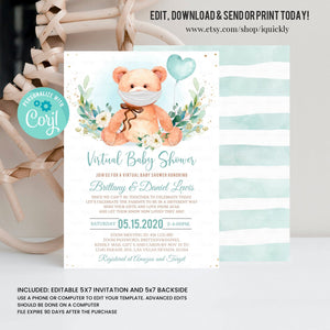 Editable Teddy Bear Virtual Baby Shower Invitation Gender neutral Distance Invite Bear Quarantine Printable template digital download
