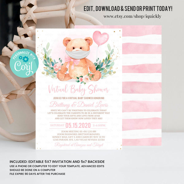 Editable Teddy Bear Virtual Baby Shower Invitation Girl Distance Baby shower Invite Bear Quarantine Printable template digital download