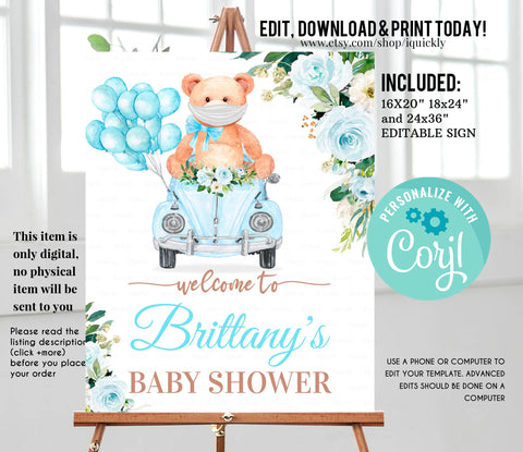 Editable Drive By Baby Shower Sign Teddy bear Drive Through Welcome sign, Party sign Boy Social Distancing Quarantine Instant Download