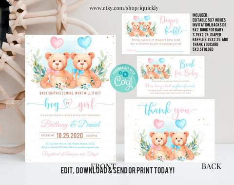 Editable Teddy Bear Baby Shower Invitation Set Bear Themed Invite Bundle, Printable Gender reveal invitations Package Pack template download