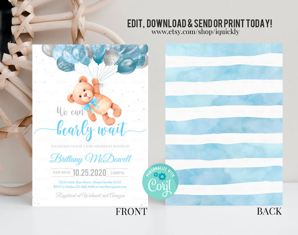 Editable Teddy Bear Baby Shower Invitation Bear Themed Baby Shower Invite Bear with Balloons Invitations Printable template digital download