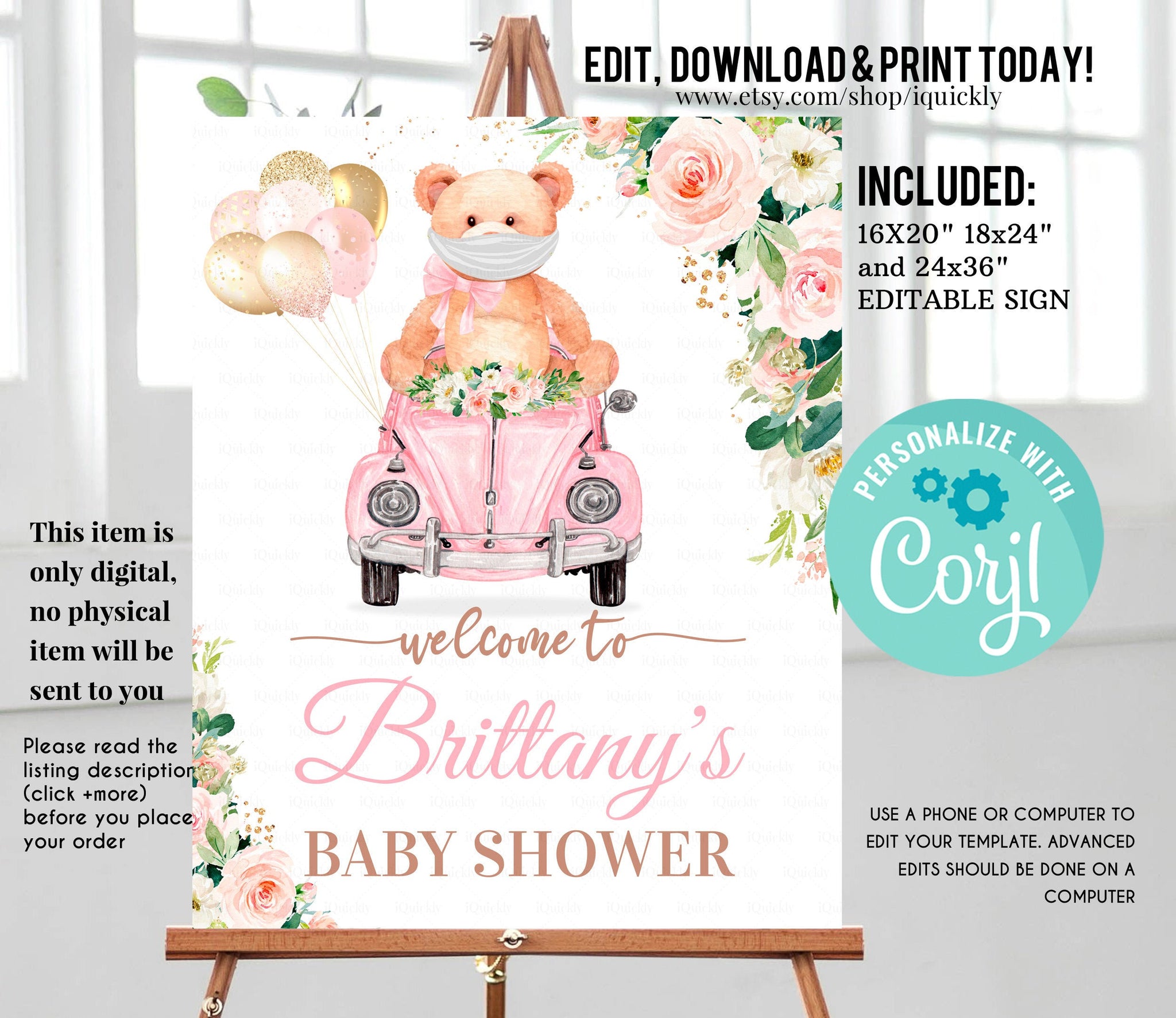 Editable Drive By Baby Shower Sign Teddy bear Drive Through Welcome sign, Party Yard sign Boy Social Distancing Quarantine Instant Download